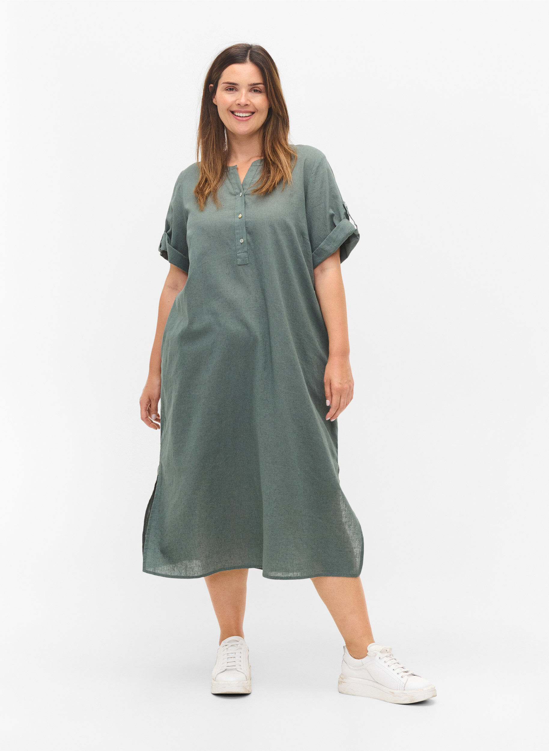 Zizzi Langes kurz&auml;rmeliges Hemdkleid, Balsam Green, Model image number 2