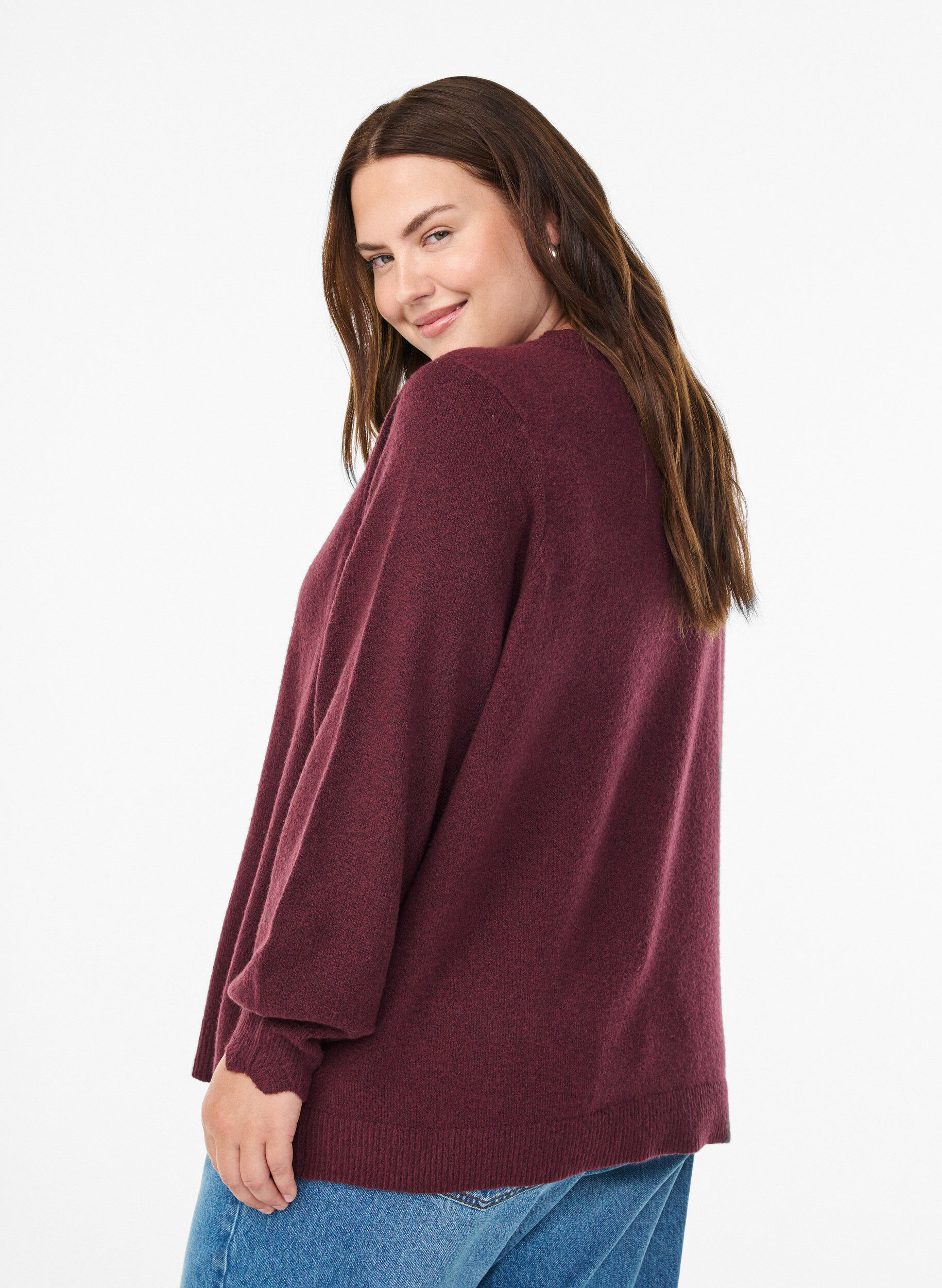 Zizzi Blouse en maille &agrave; bords ondul&eacute;s, Bordeaux fonc&eacute;, Model image number 2