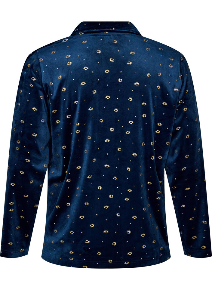 Pyjamaoberteil aus Velours mit Allover-Print, Blau, Packshot image number 1