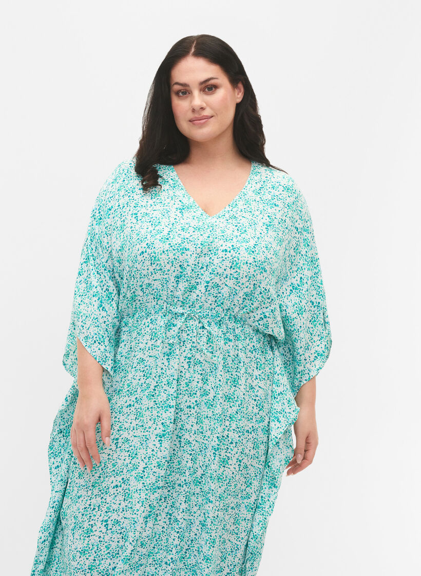Robe caftan en viscose avec imprimé, Green Dot, Model image number 2