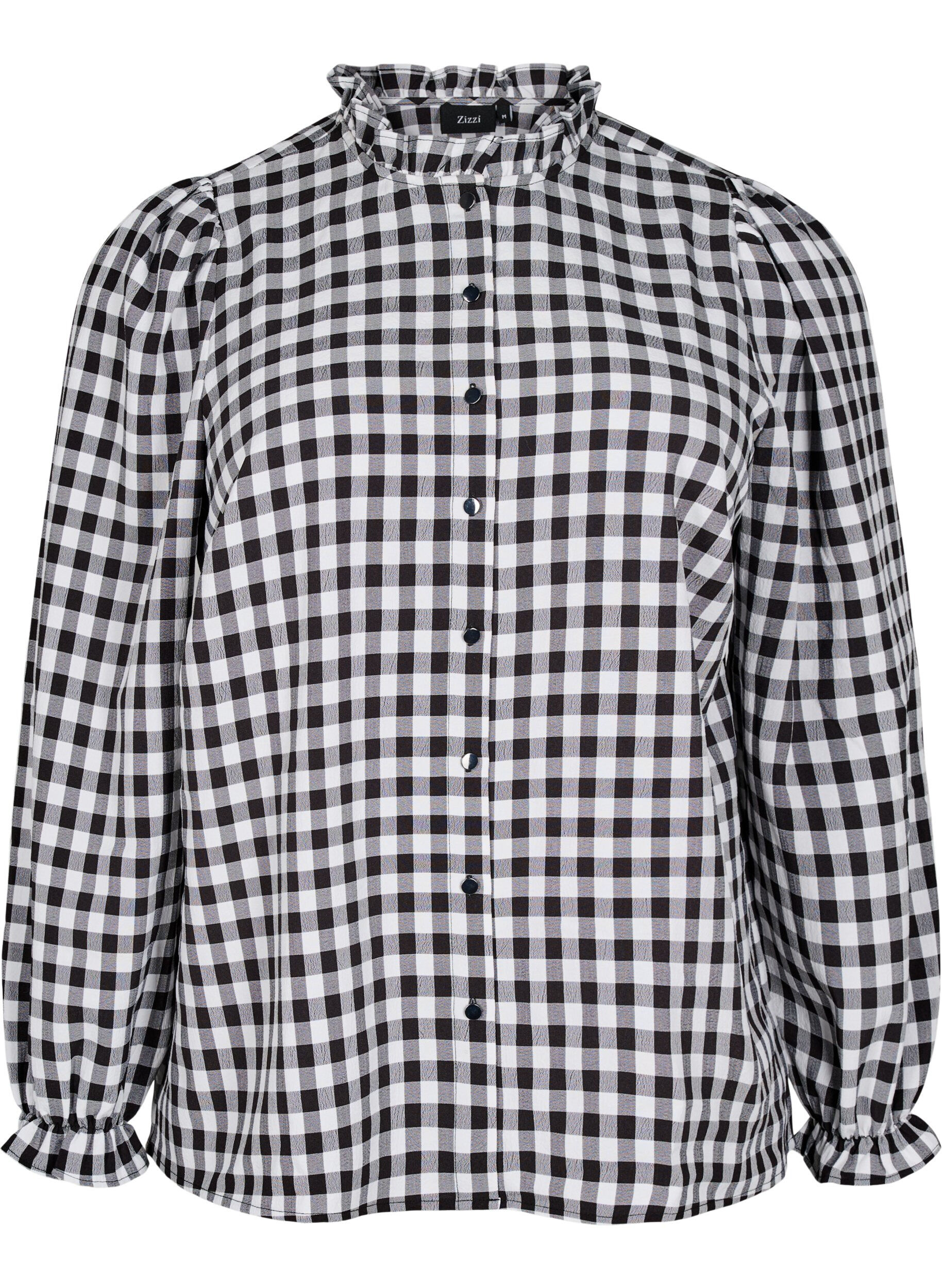 Zizzi Karierte Bluse mit R&uuml;schendetails, Black/W. Gingham, Packshot image number 0