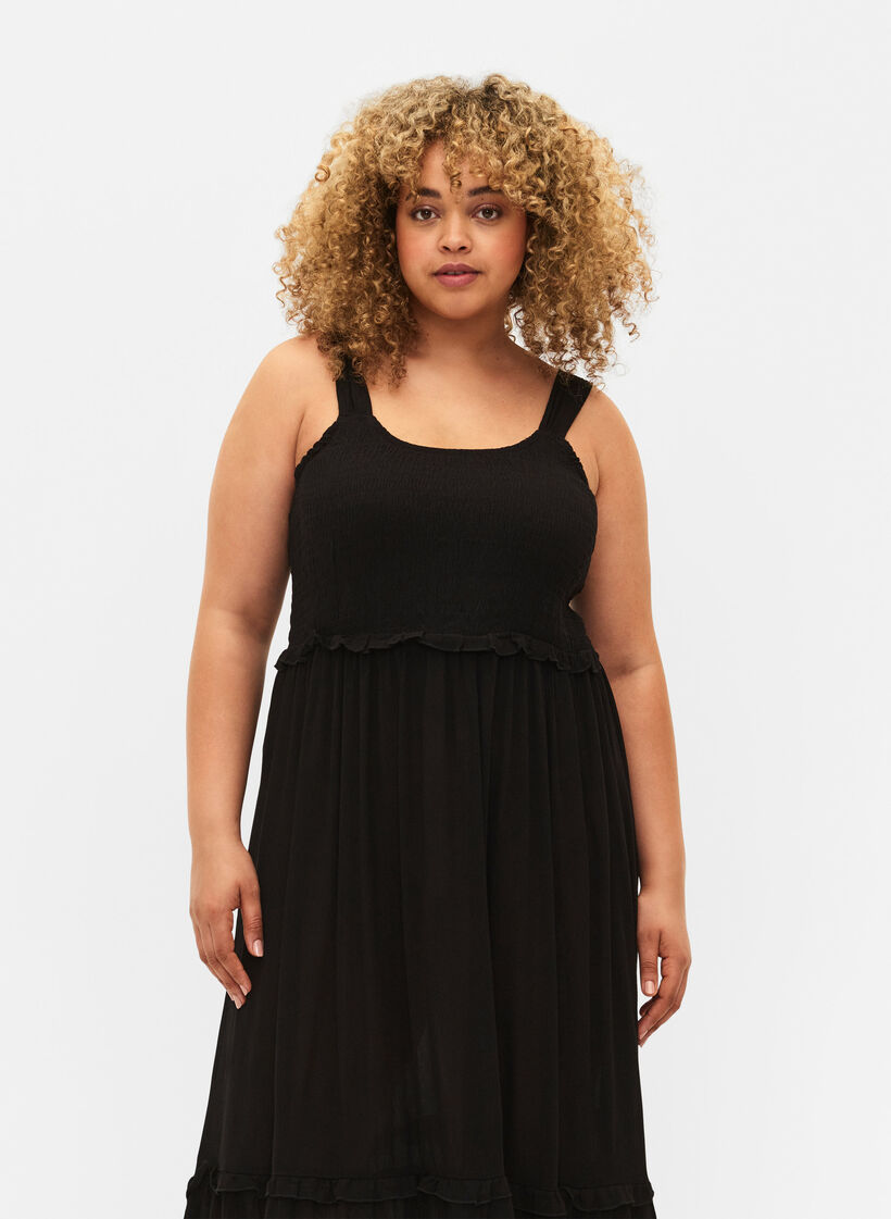 Robe midi en viscose avec smock, Black, Model image number 2