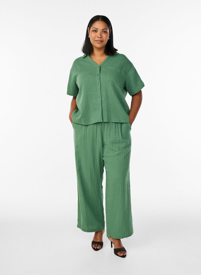 Blouse en mousseline de coton &agrave; manches courtes, Vert, Model image number 1