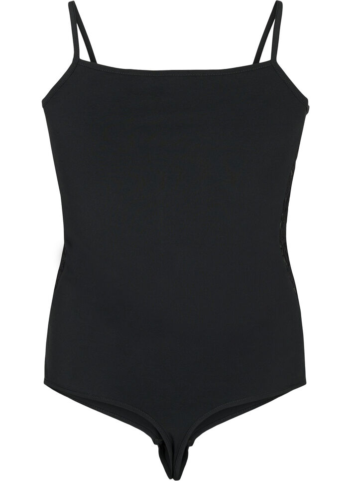 Bodystocking avec de la dentelle et des bretelles fines, Black, Packshot image number 1