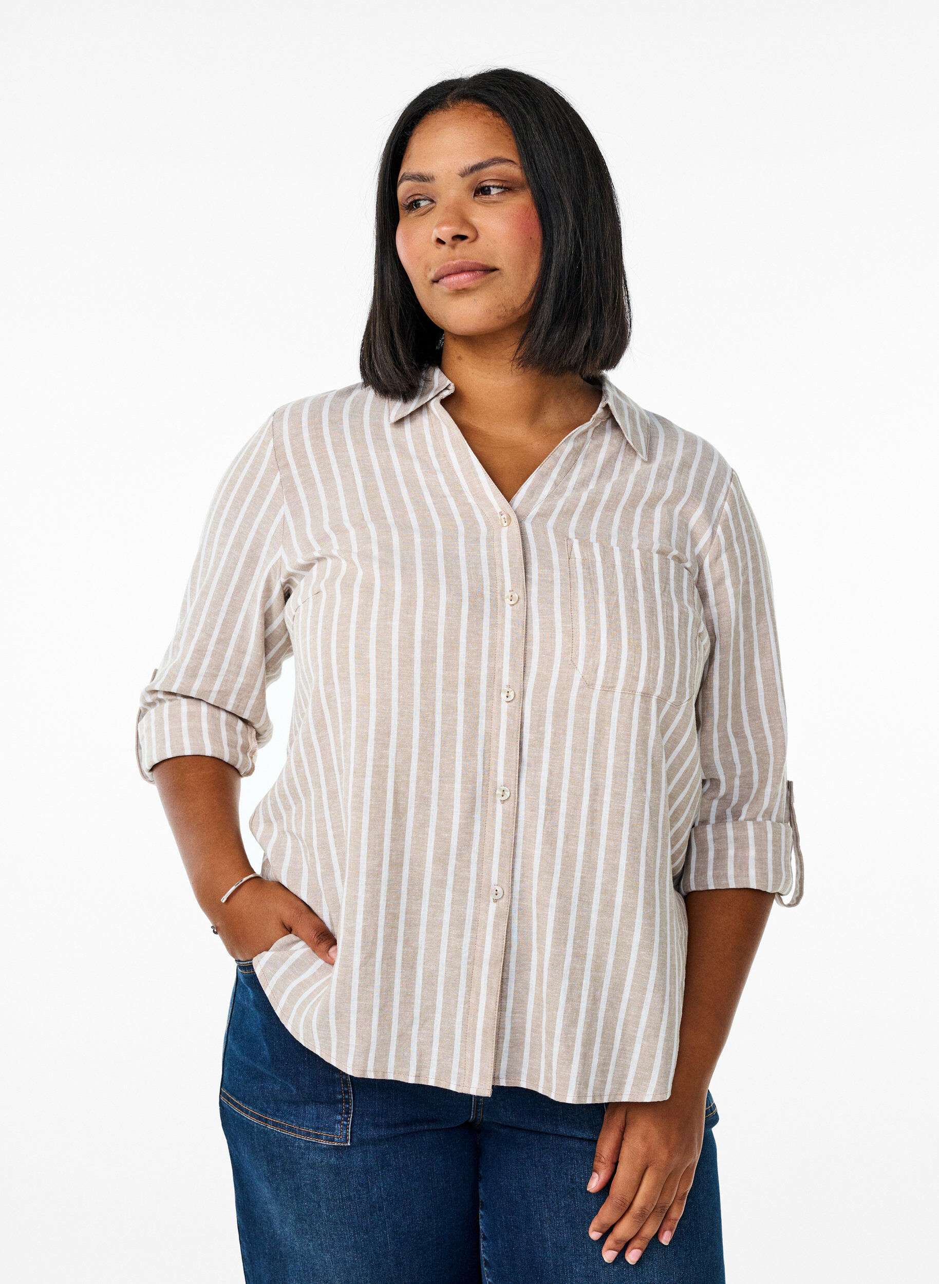 Chemise en lin et viscose avec manches 3/4, Beige, Model