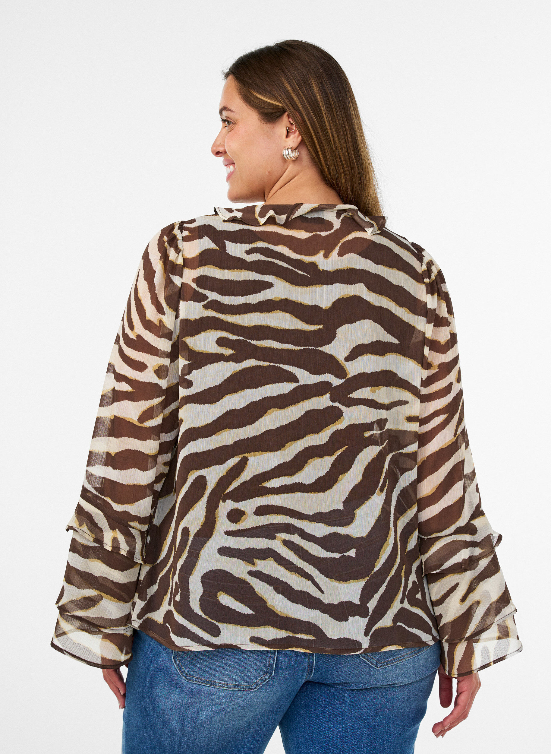 ZizziChiffonbluse mit Zebramuster und R&uuml;schen, Braun, Model image number 2