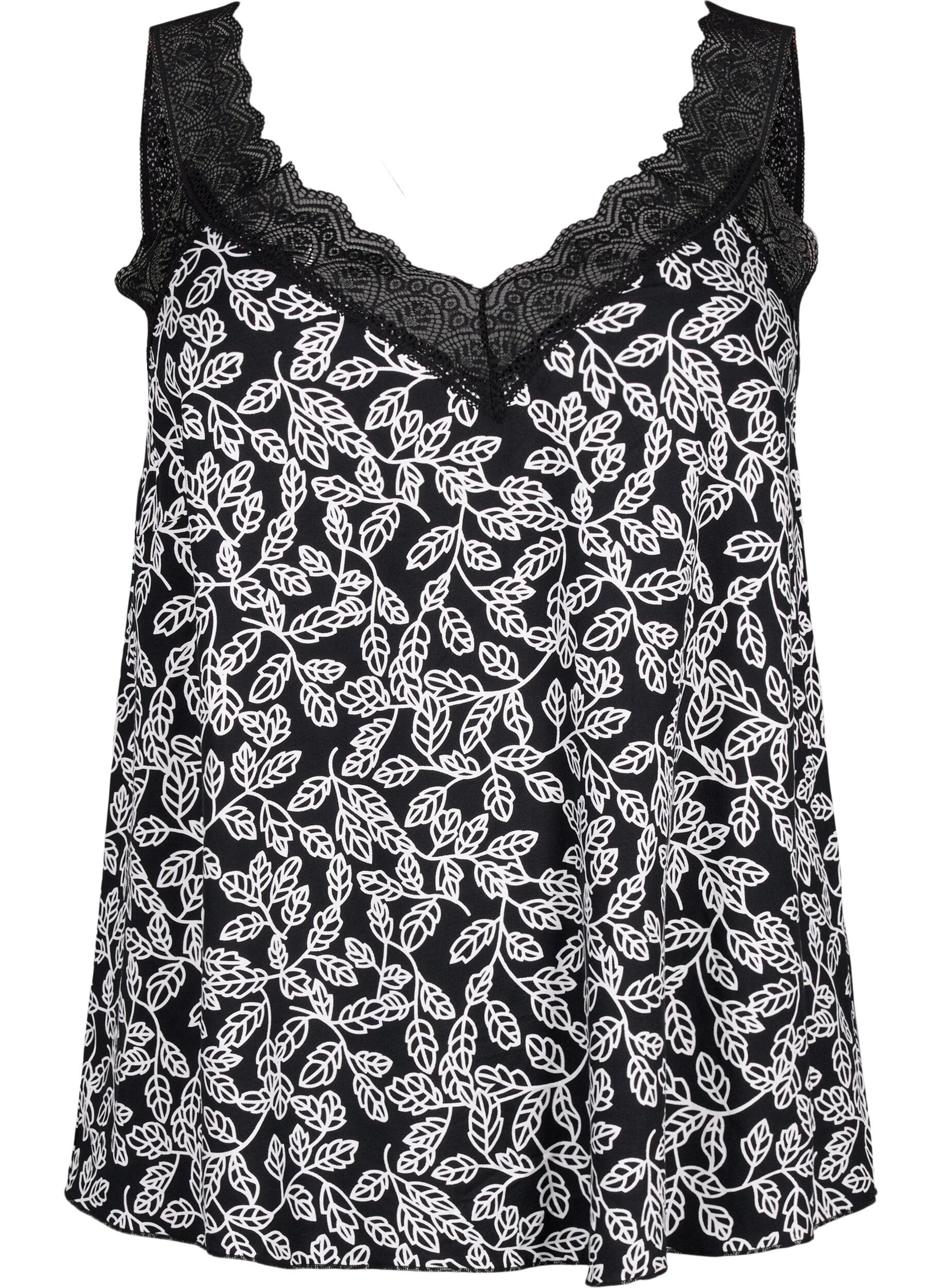 Zizzi Spitzentop aus Viskose, Black w. Wh.Leaf AOP, Packshot image number 0