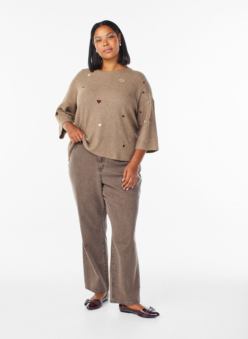 Pullover mit Herzen und 3/4-&Auml;rmeln, Braun, Model image number 1