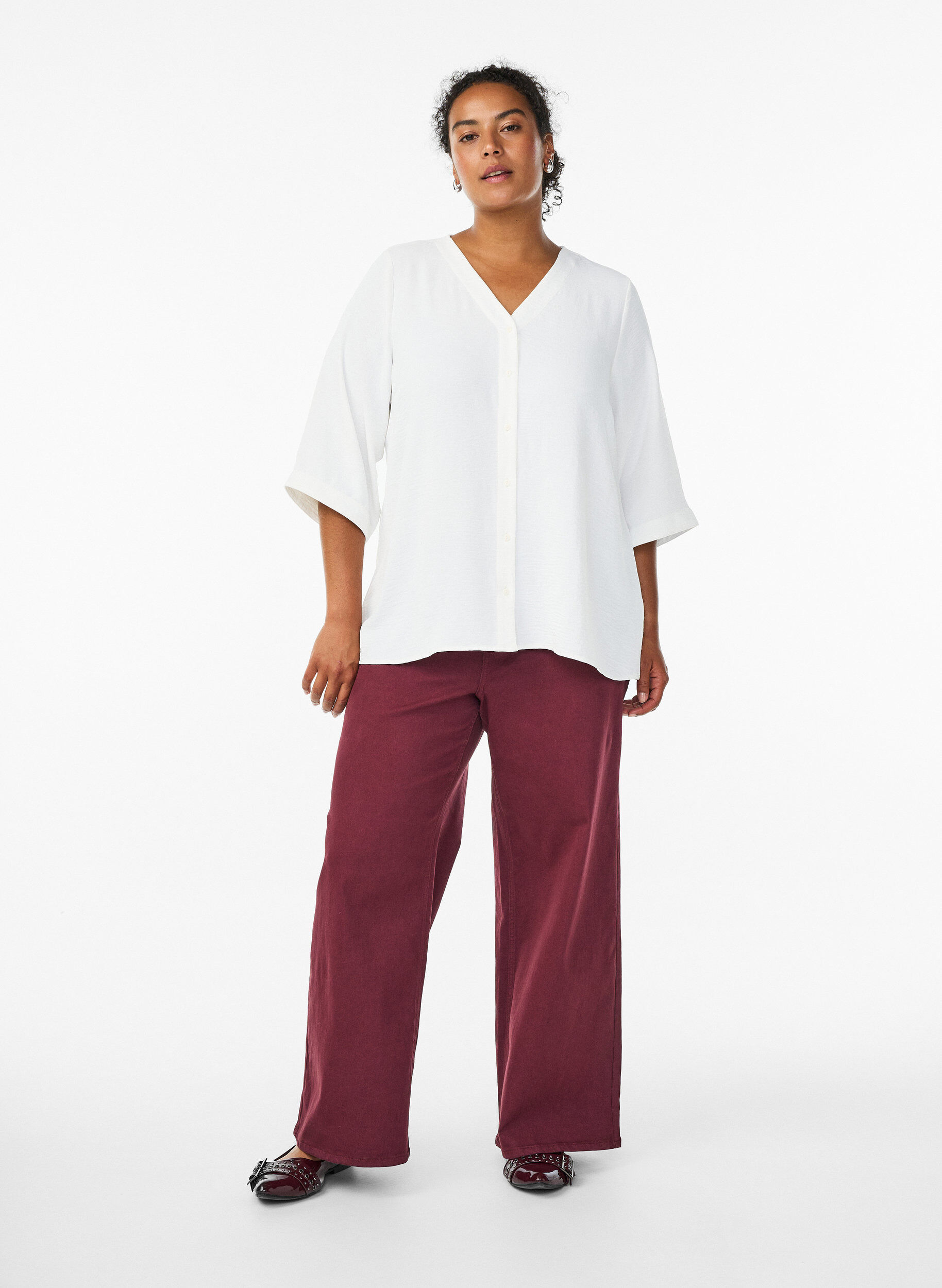 Zizzi Bluse mit V-Ausschnitt und 3/4-&Auml;rmeln, Vanille, Model image number 1