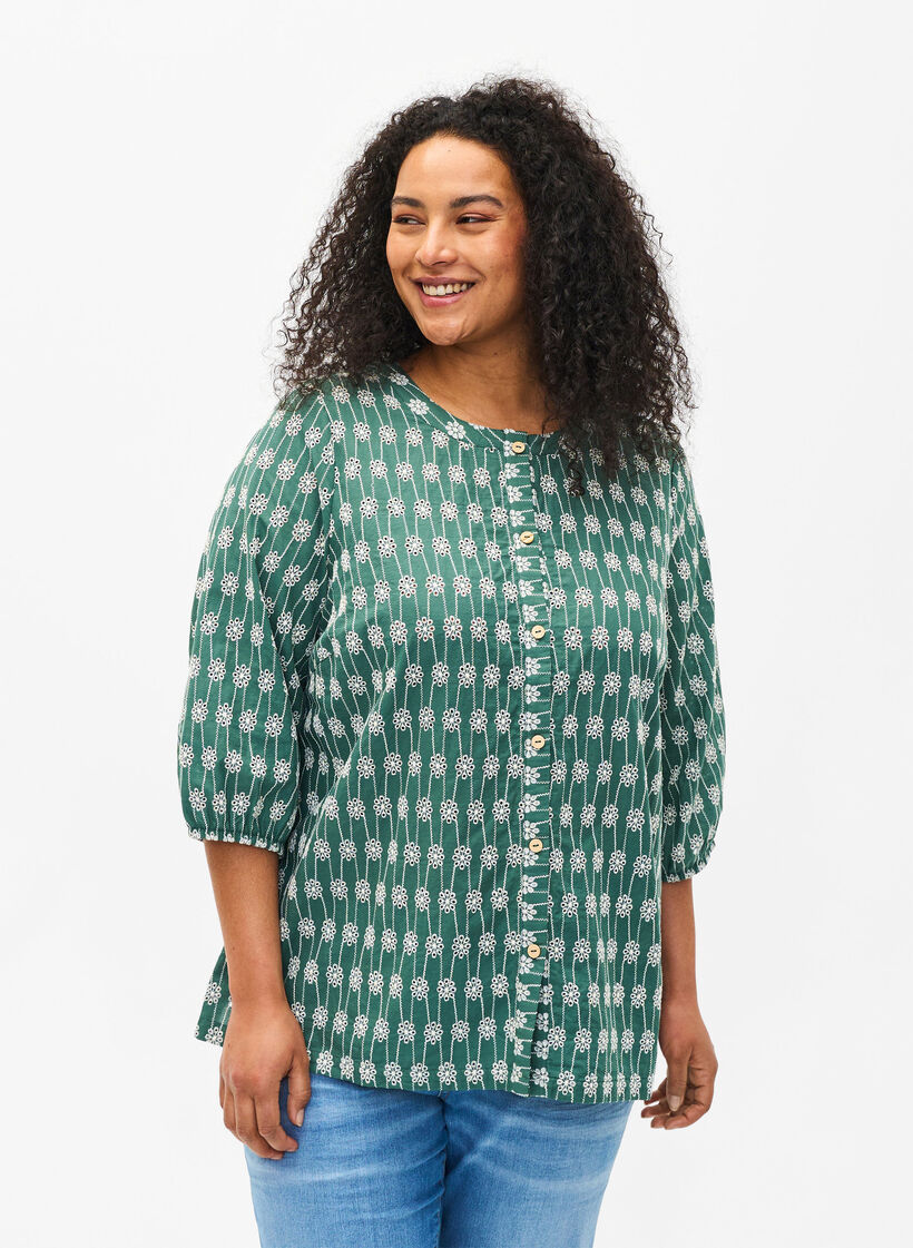 Chemisier en coton à motif floral, Dark Forest, Model image number 0