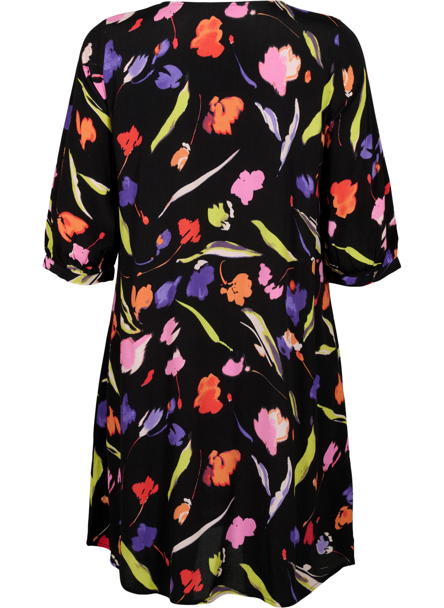 Zizzi Robe en viscose avec imprim&eacute; et manches 3/4, Faded Tulip AOP, Packshot image number 1