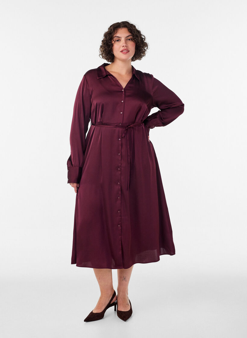Hemdblusenkleid aus Satin mit einem Bindeg&uuml;rtel, Rot, Model image number 0