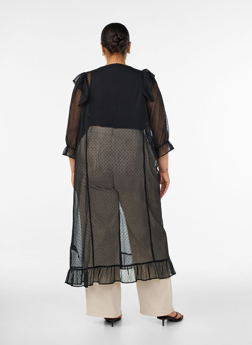 Midikleid aus einem leichten, transparenten Stoff mit Punkten und R&uuml;schen, Schwarz, Model image number 1