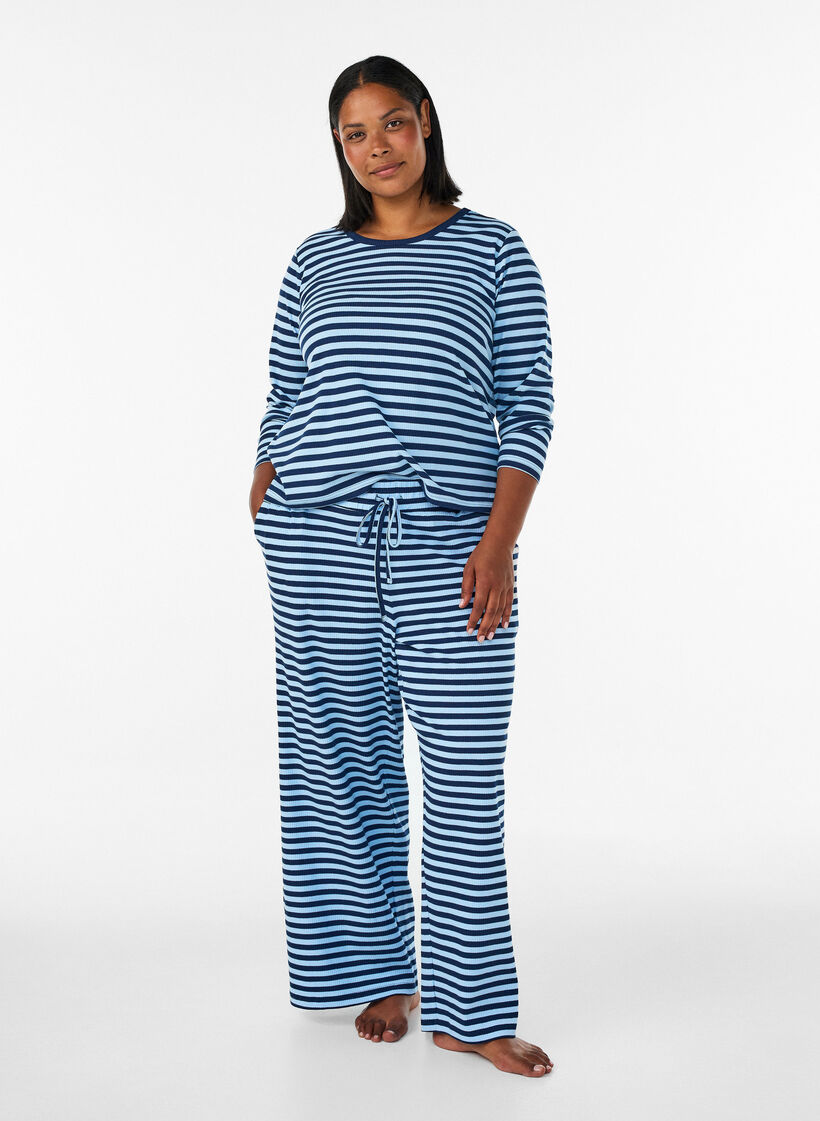 Pantalon de pyjama ray&eacute; &agrave; taille haute et coupe ample, Bleu, Model image number 0