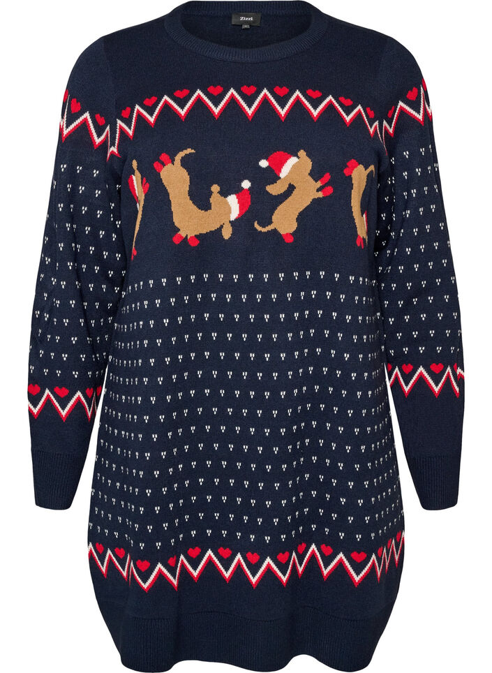 Robe courte en maille avec motif de No&euml;l, Bleu, Packshot image number 0