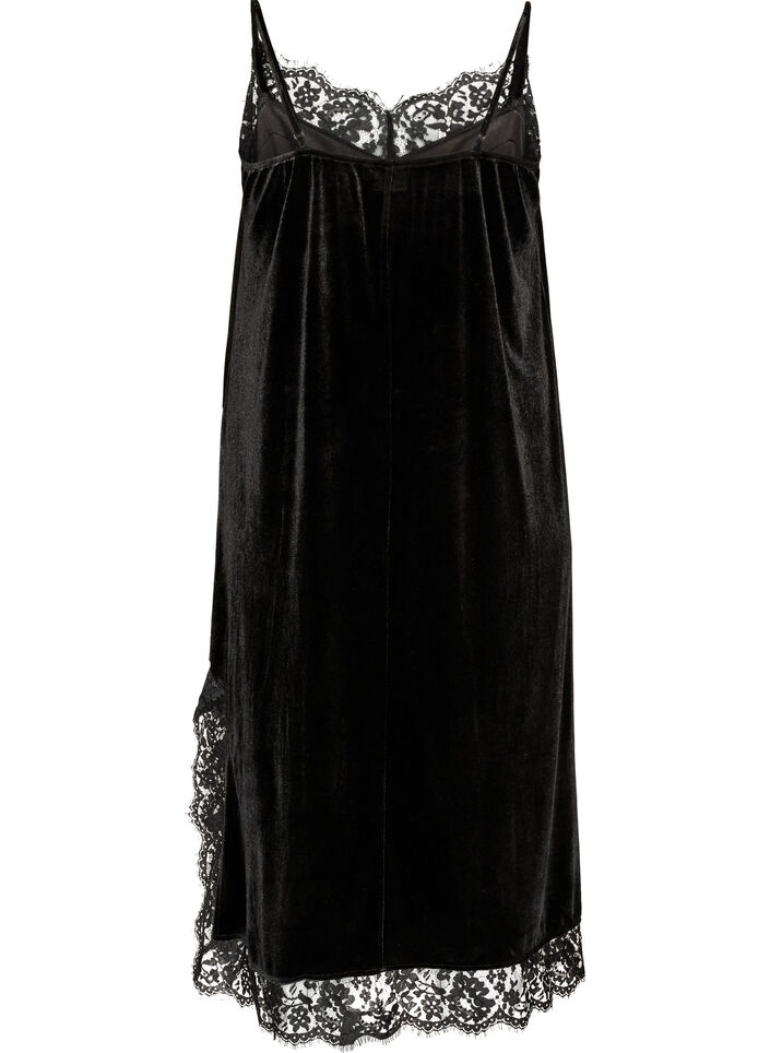 Samtkleid mit Spitze und Seitenschlitz, Schwarz, Packshot image number 1