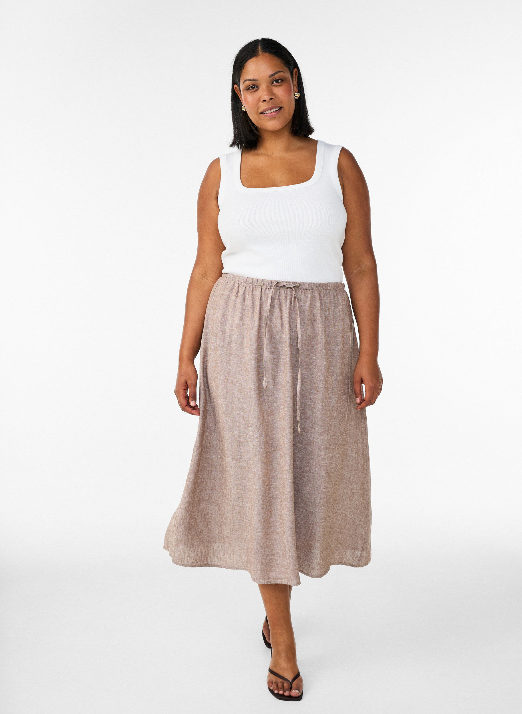 ZizziJupe midi &eacute;vas&eacute;e en lin et viscose, Marron, Model image number 0