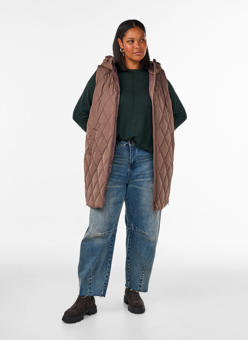 Gilet matelass&eacute; mi-long &agrave; capuche, Marron, Model image number 1