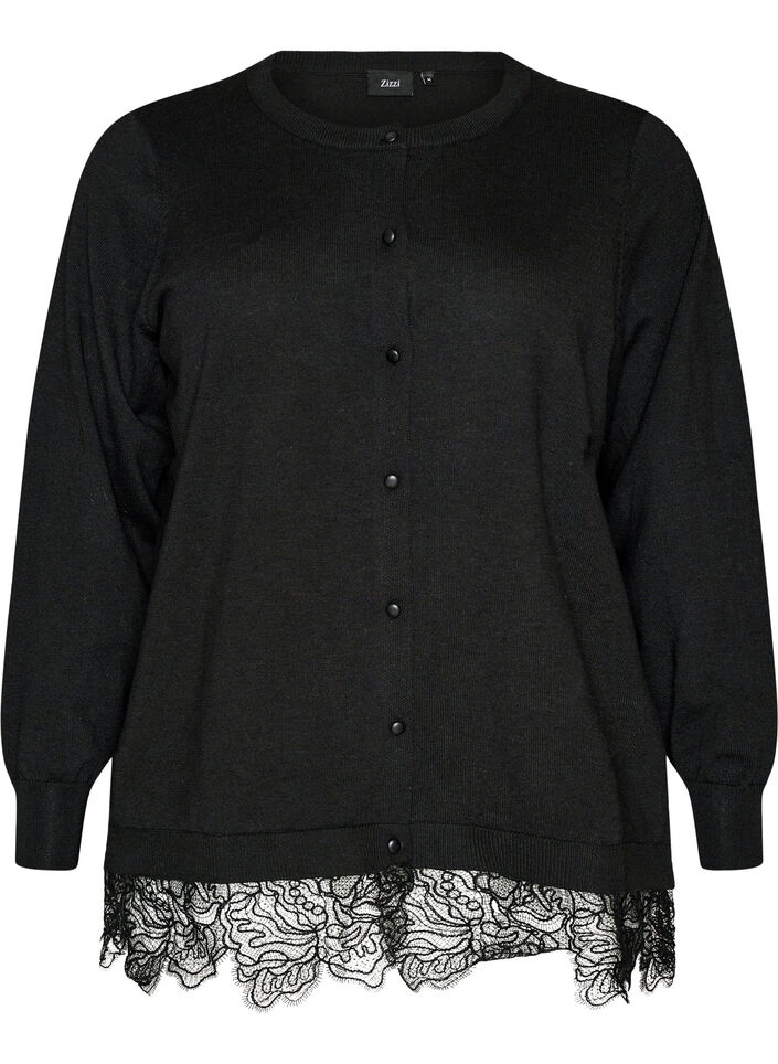 Cardigan avec large ourlet en dentelle, Noir, Packshot image number 0