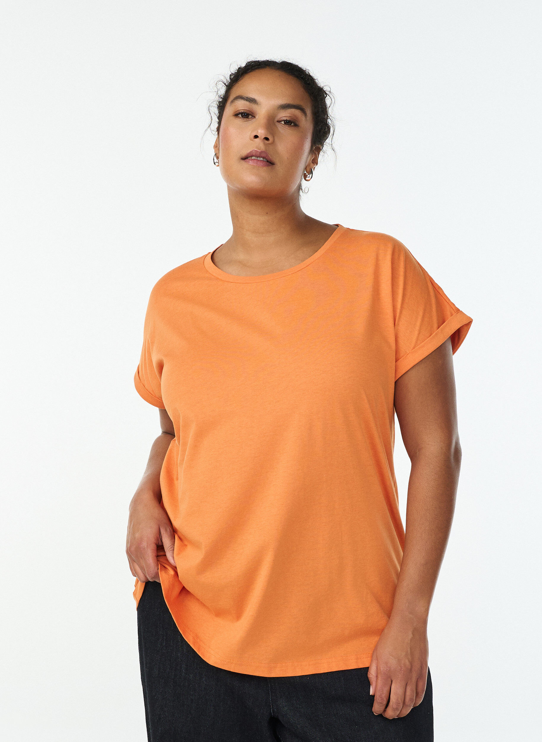 T-shirt &agrave; manches courtes en coton m&eacute;lang&eacute;, Orange, Model