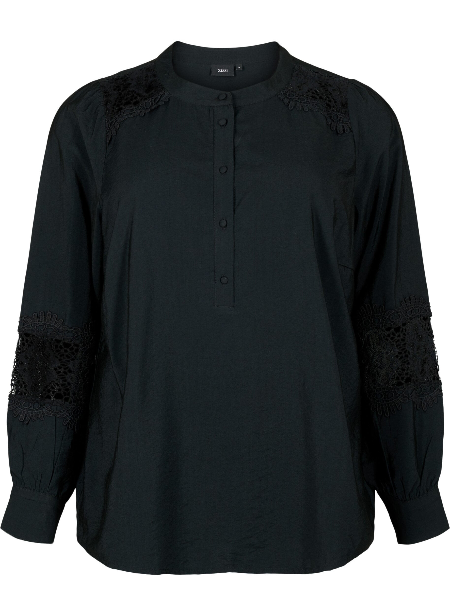 Zizzi  Bluse aus Viskose mit H&auml;keleien, Black, Packshot image number 0