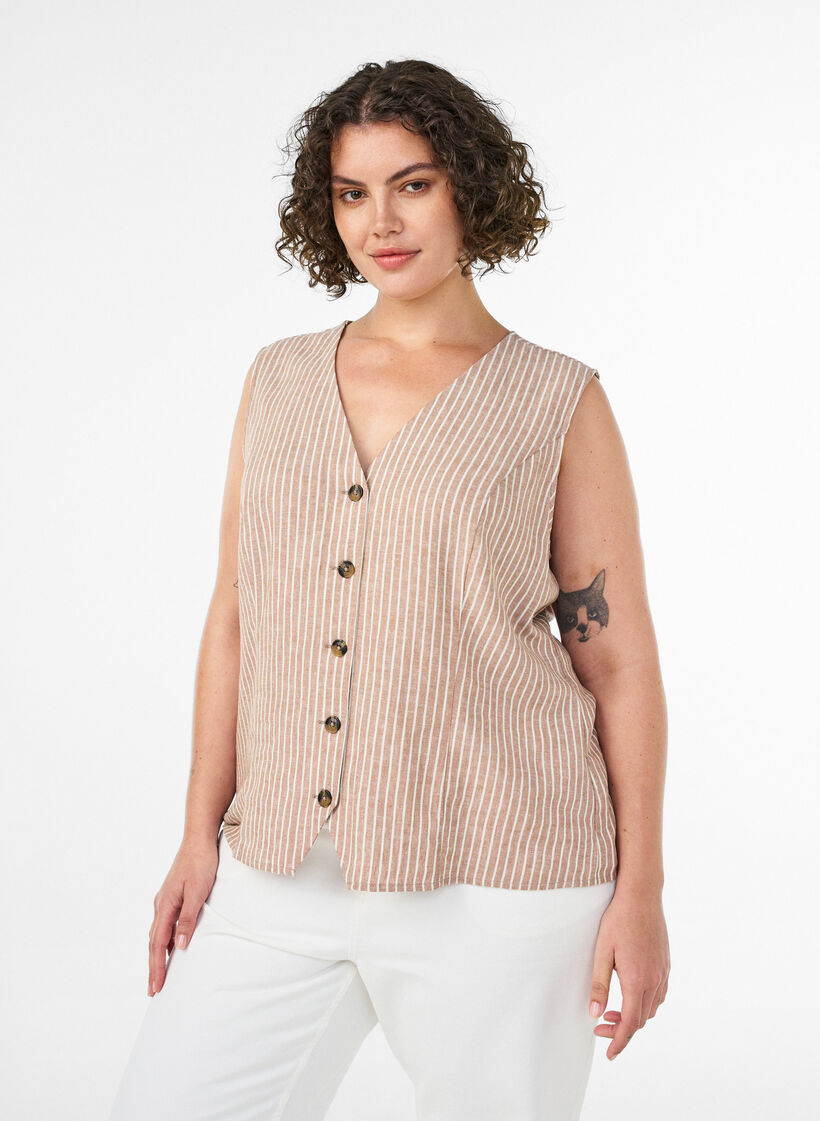 Gestreifte Weste aus Leinen und Viskose, Beige, Model image number 0
