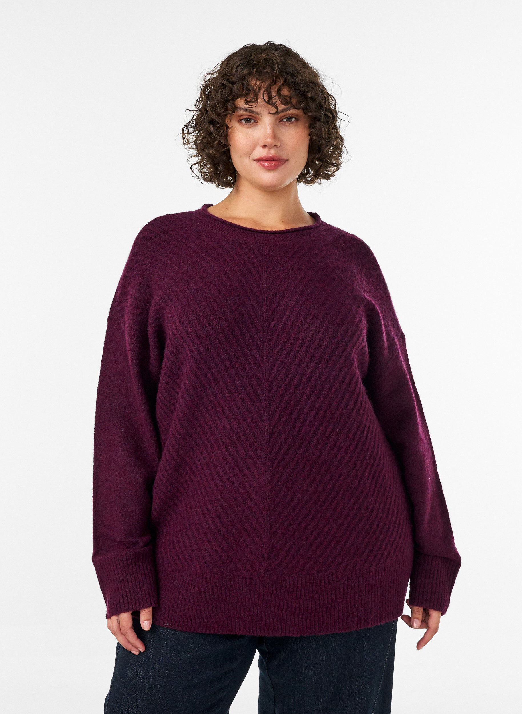 ZizziBlouse en maille avec motif c&ocirc;tel&eacute; en V et fentes, Bordeaux, Model image number 0