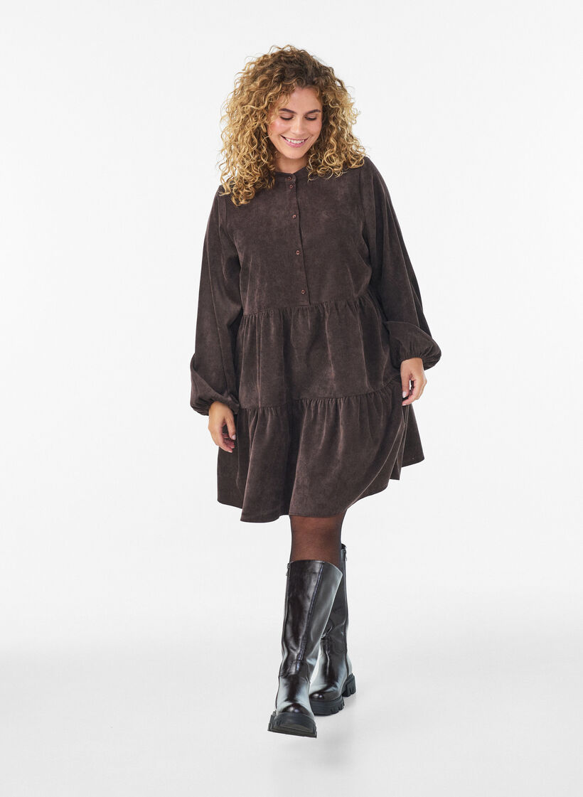 Cordkleid in A-Linie mit Stehkragen, Braun, Model image number 1