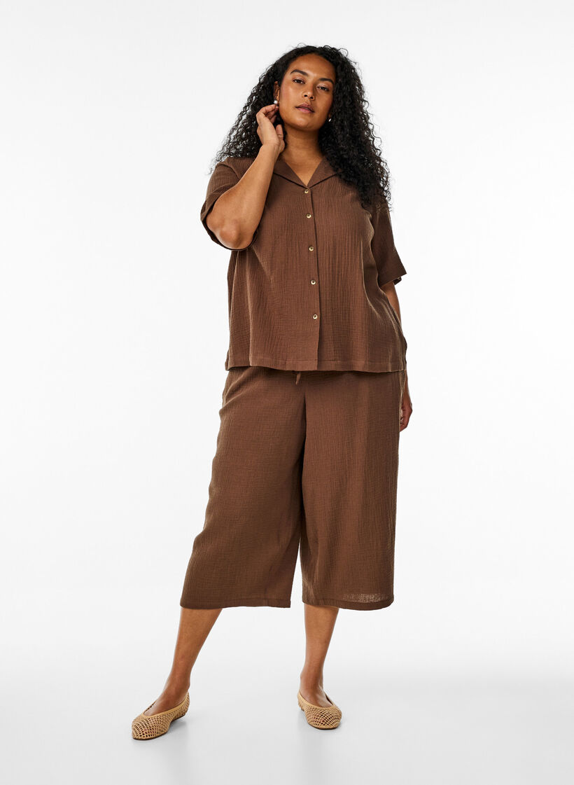 Culotte-Hose aus Baumwollmusselin mit hohem Bund, Braun, Model image number 0
