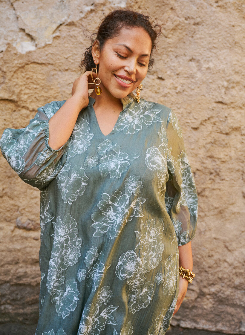 Midikleid mit Blumenprint und transparenten 3/4-&Auml;rmeln, Gr&uuml;n, Image image number 0