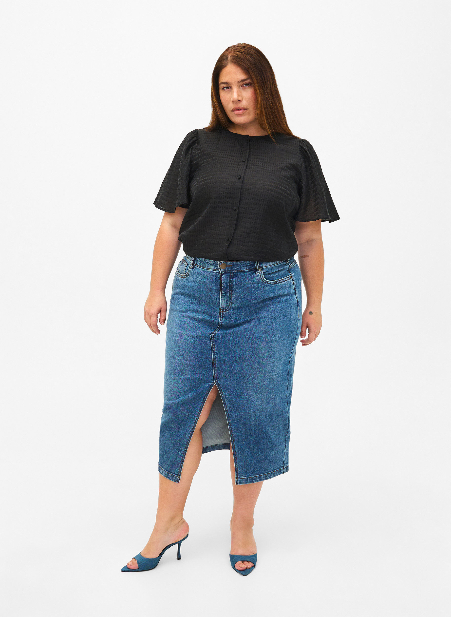 Zizzi Lyocell-Hemdbluse mit Textur, Black, Model image number 2