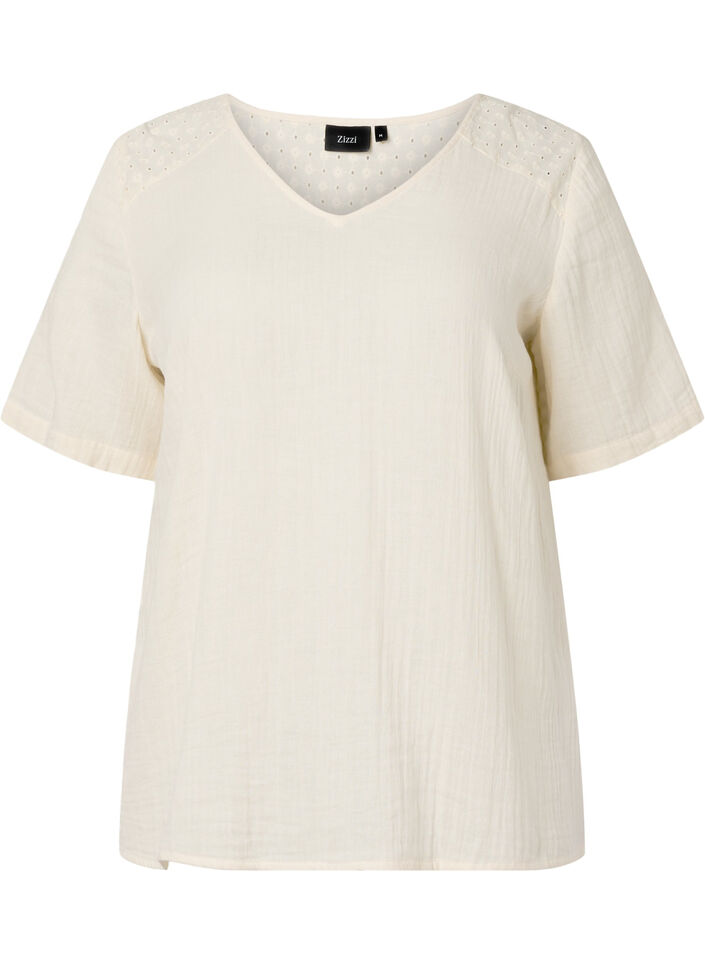 Chemisier en coton avec broderie et manches courtes, Buttercream, Packshot image number 0