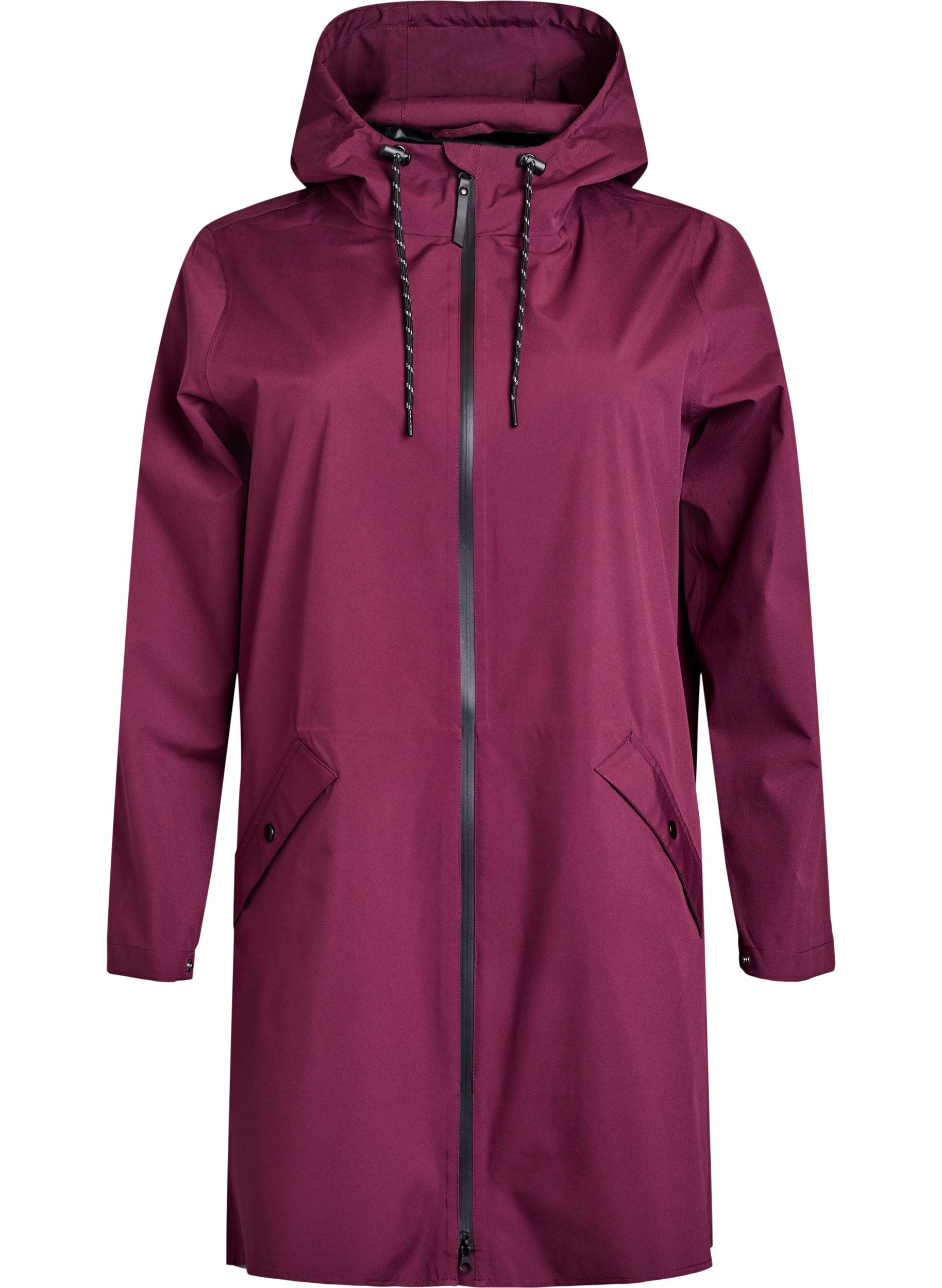 Regenjacke mit Taschen und Kapuze.