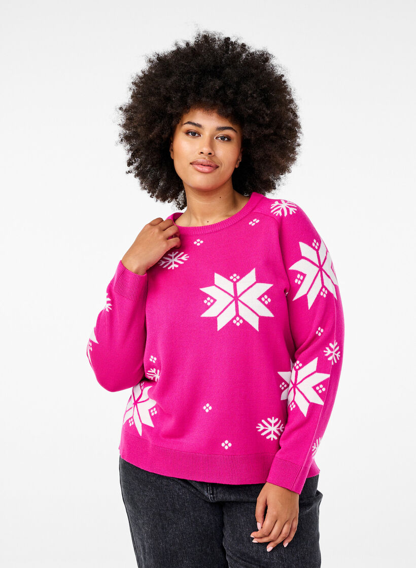 Strickpullover mit Schneeflockenmuster, Pink, Model image number 0