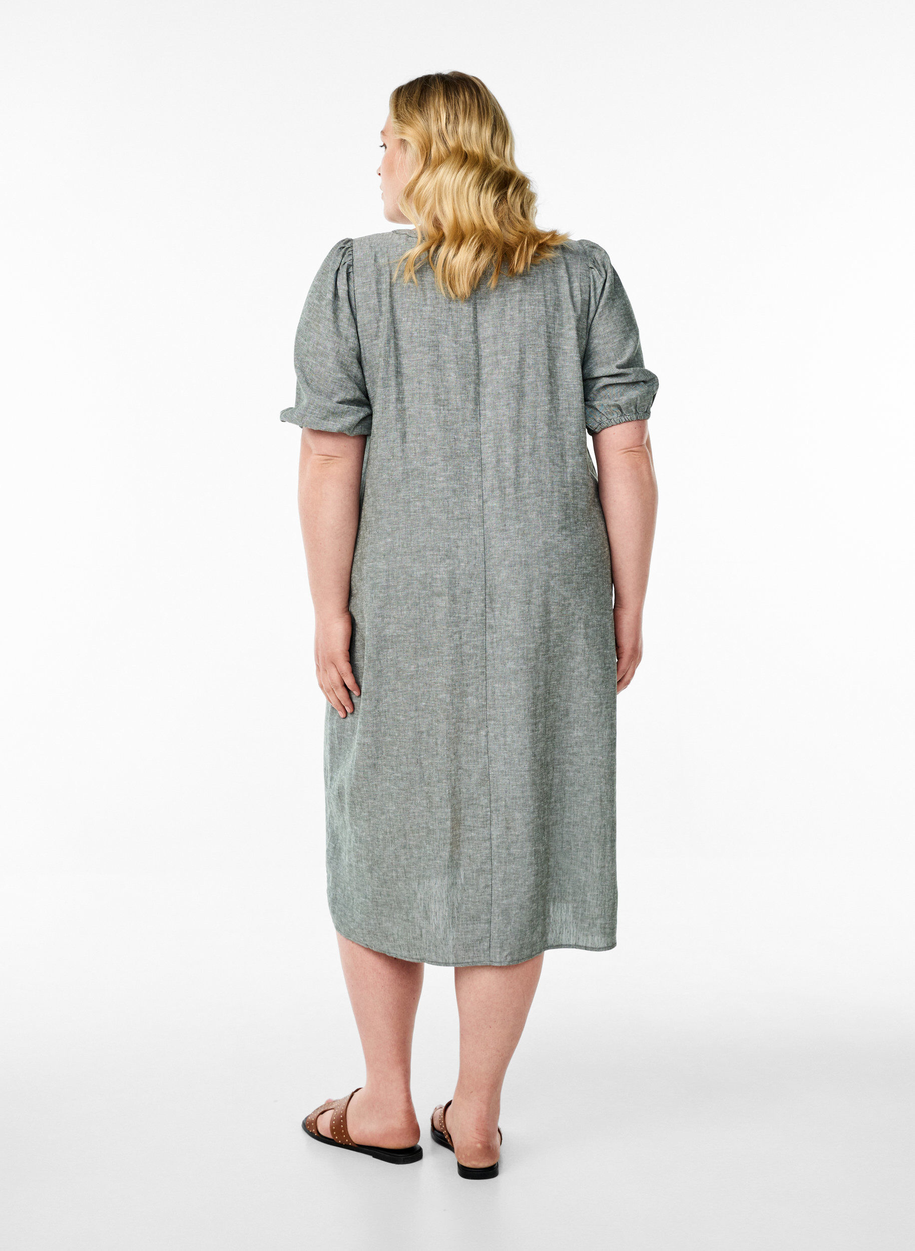 Zizzi Midikleid aus Leinen und Viskose mit kurzen &Auml;rmeln, Gr&uuml;n, Model image number 1