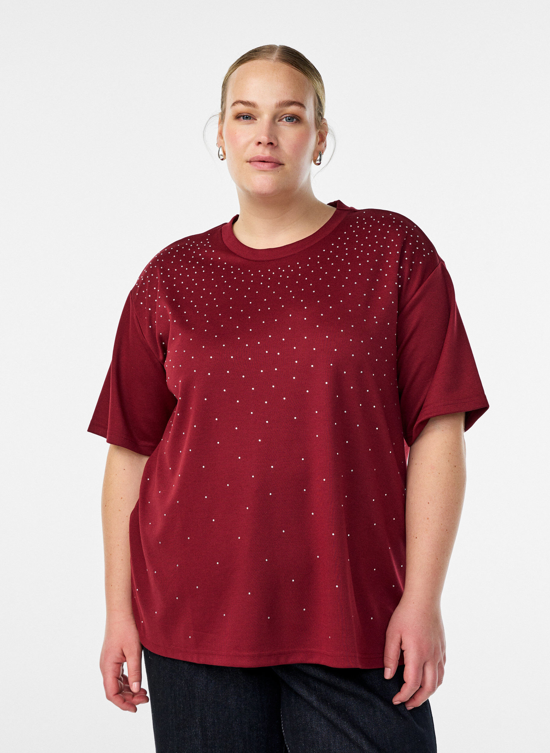 ZizziT-shirt avec strass et col rond, Bordeaux fonc&eacute;, Model image number 0
