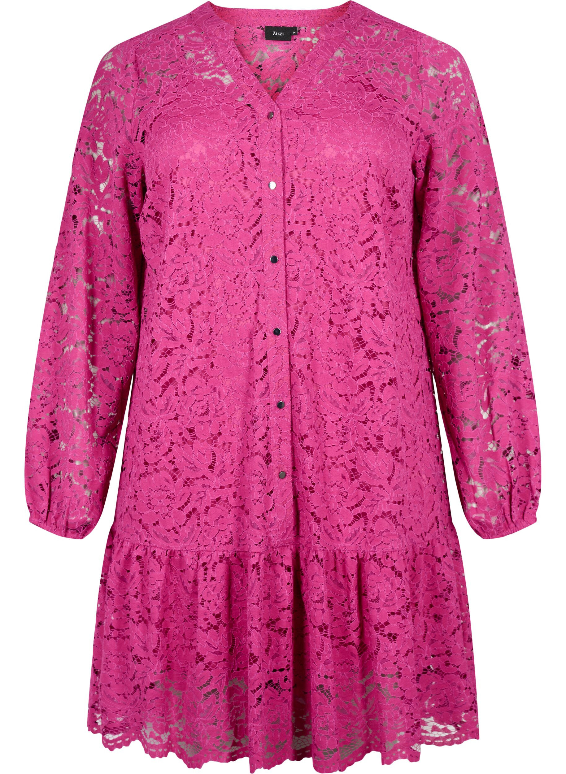 Zizzi Robe en dentelle avec boutons et forme en A, Festival Fuchsia, Packshot image number 0