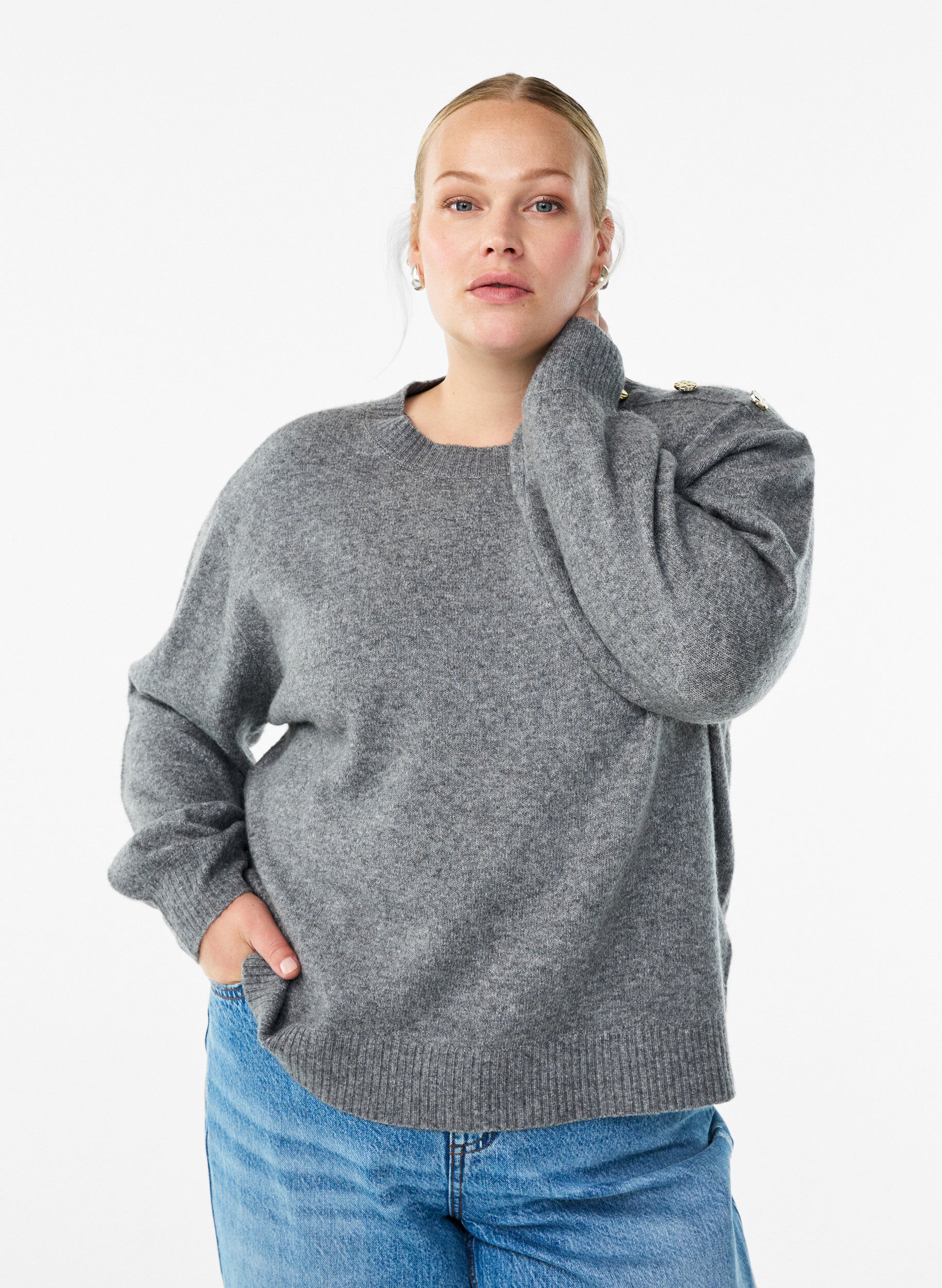 ZizziStrickbluse mit Knopfleiste, Grau, Model image number 0