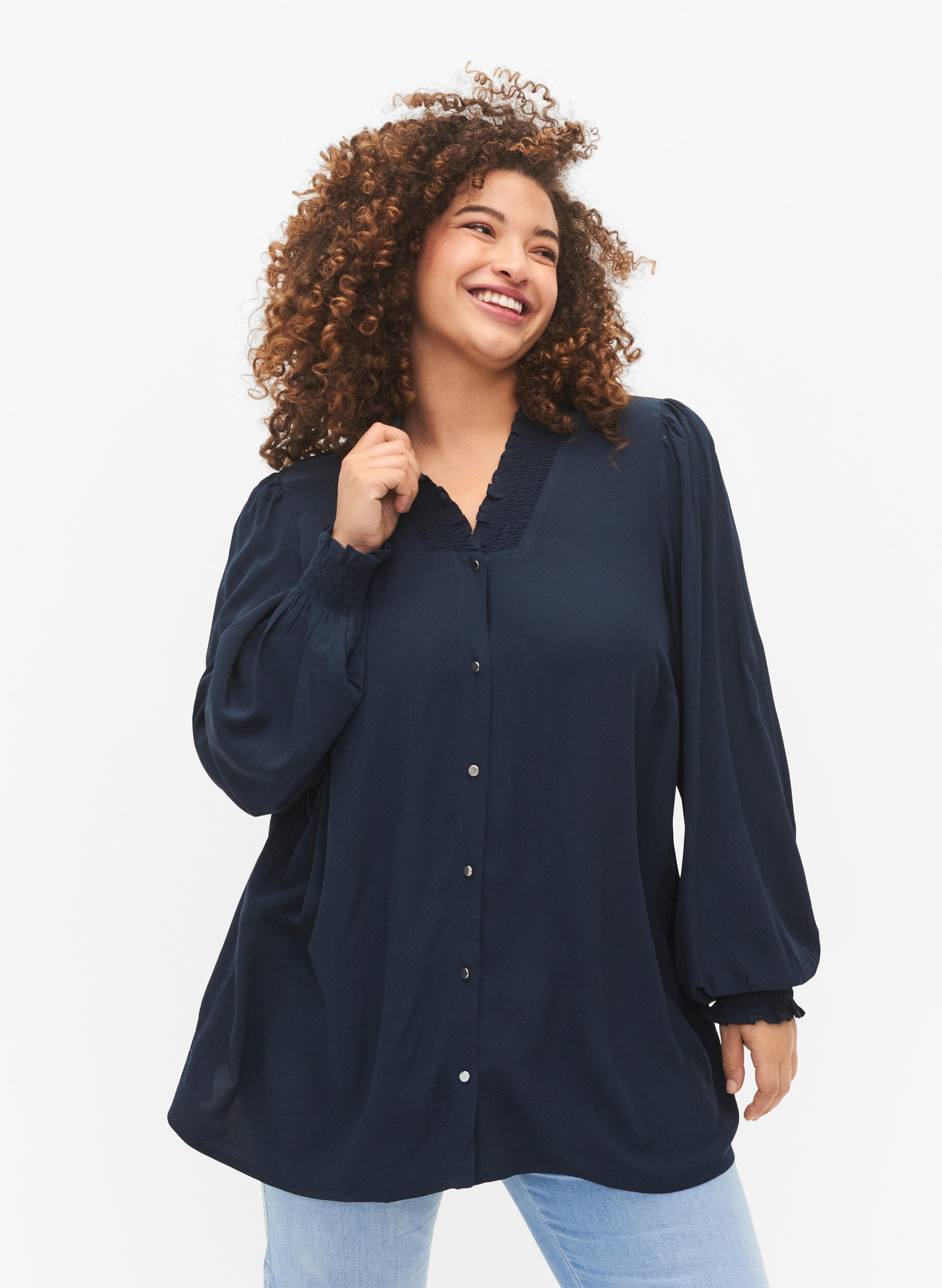 Zizzi Blouse &agrave; manches longues en viscose, Total Eclipse, Model image number 0