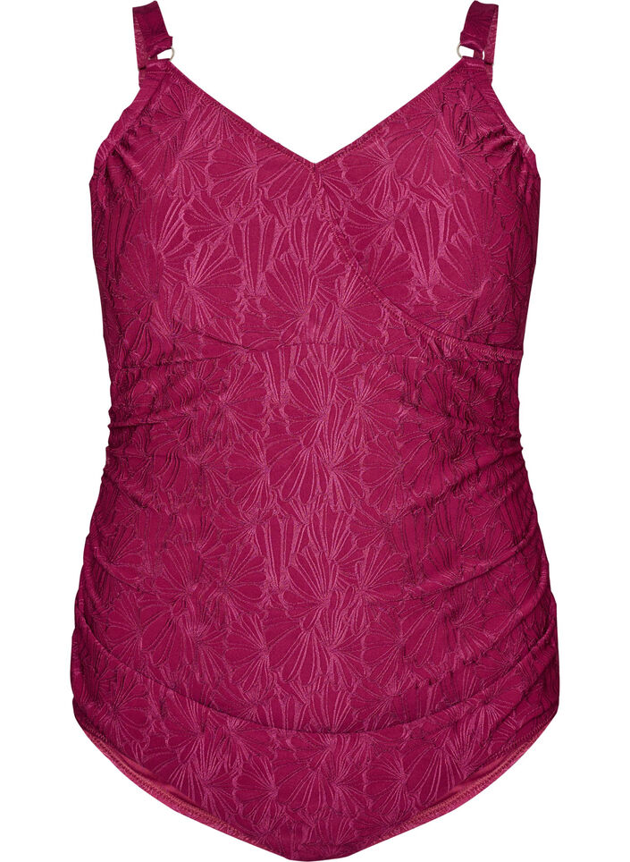 Maillot de bain avec d&eacute;tail crois&eacute; et texture florale ton sur ton, Bordeaux, Packshot image number 0