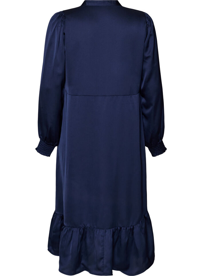 Robe en satin avec manches longues et col en V, Bleu, Packshot image number 1