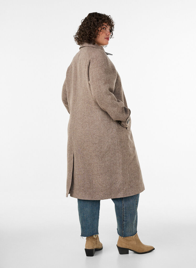 Manteau long en laine &agrave; col montant et double boutonnage, Marron, Model image number 2