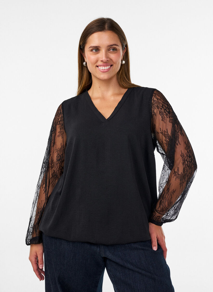 Bluse mit &Auml;rmeln aus Spitze und Ballonform, Schwarz, Model image number 0