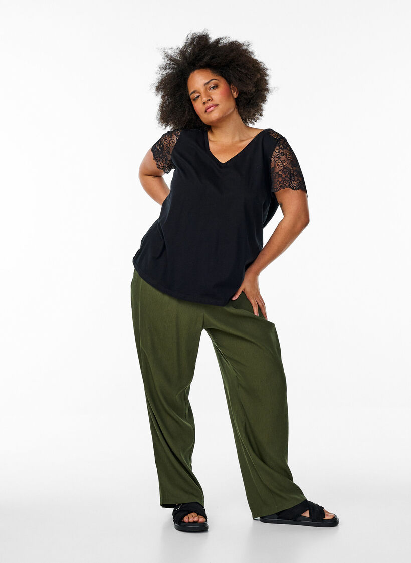 T-shirt en coton à manches courtes en dentelle, Noir, Model image number 1