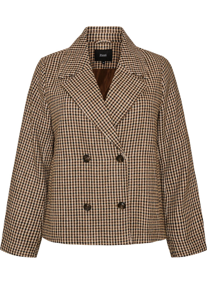 Manteau court &agrave; carreaux &agrave; double boutonnage, Marron, Packshot image number 0