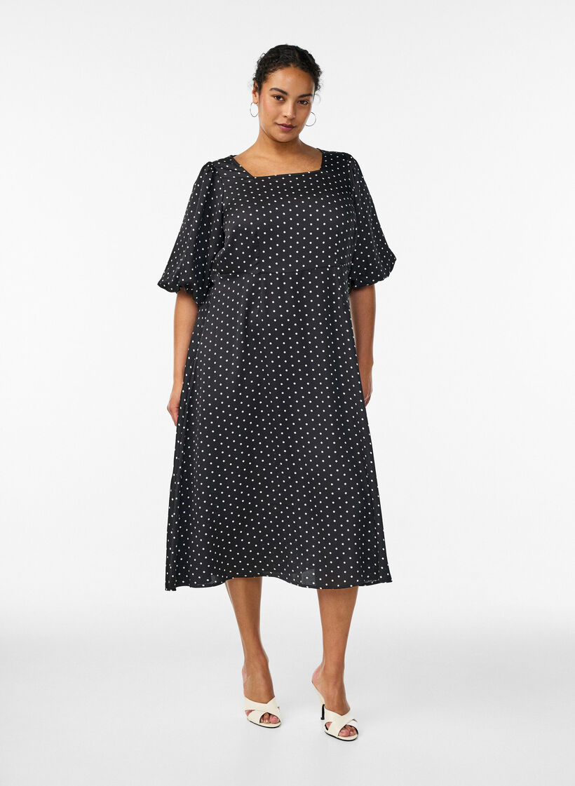 Gepunktetes Midikleid mit eckigem Ausschnitt, Schwarz, Model image number 0