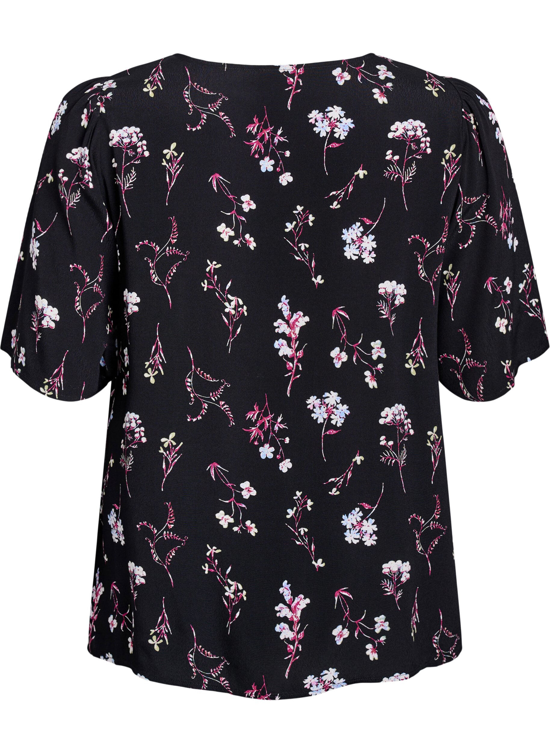 Zizzi Gebl&uuml;mte Bluse mit kurzen &Auml;rmeln, Schwarz, Packshot image number 1