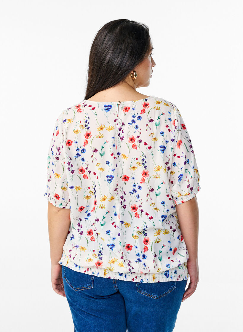 Blouse &agrave; fleurs avec smock, Bleu, Model image number 2