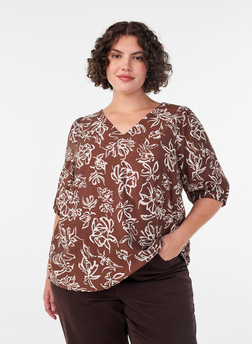Blouse en viscose avec col en V, Marron, Model image number 0