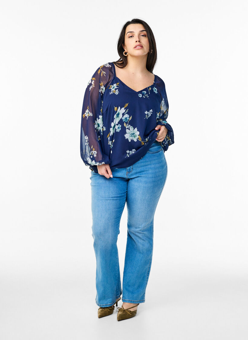 Chemisier en mousseline avec imprim&eacute; floral et manches longues, Bleu, Model image number 1